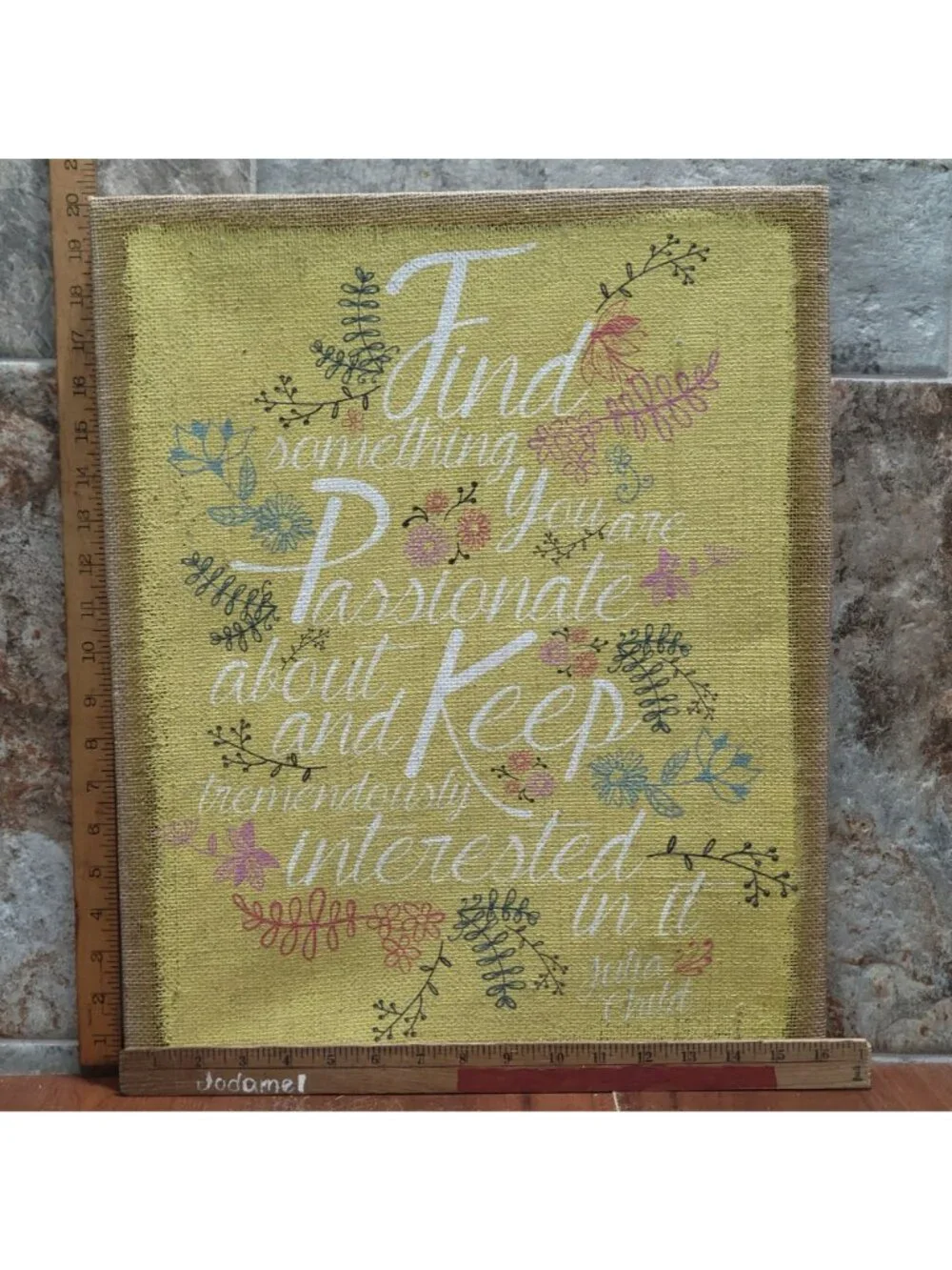 Vintage Julia Child Passion Quote Art Yellow Burlap Canvas Sign Floral Decor 20